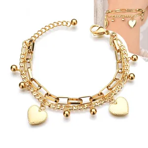 Double Layer Heart Pendant Bracelet Stainless Steel Paperclip Link Chain Ball Charms Adjustable Jewelry For Women