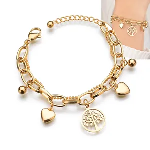 Bracelet Double Rangée Arbre De Vie Cœur Pendentifs Acier Inoxydable Plaqué Or 18K Bijoux Élégants Femmes