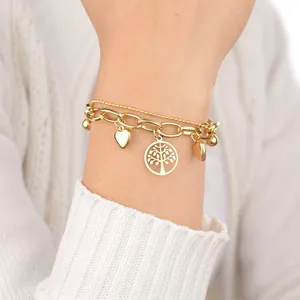 Bracelet double rang plaqué or 18k avec pendentifs arbre de vie et cœur pour femme