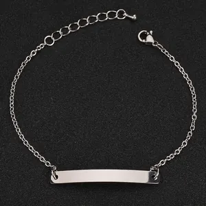 Detail view of silver stainless steel curved bar bracelet with adjustable chain link