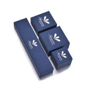 Elegant dark blue jewelry gift box set with silver logo for rings and necklaces