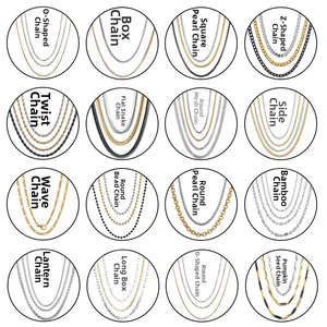 Selection of 304 stainless steel necklace chains including cable, box, and snake styles