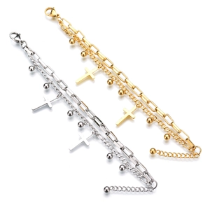 Double-layered stainless steel chain bracelet with cross pendant and metal beads
