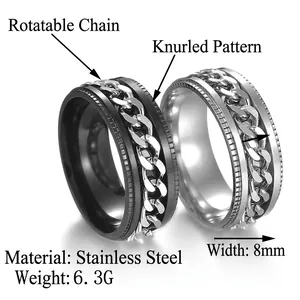 Men's 8mm stainless steel rotatable spinner ring with black and silver chain design
