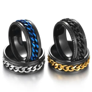 Men's stainless steel spinner rings with rotatable chain in four different colors