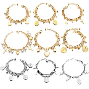 Bracelet Double Couche Acier Inoxydable Cœur Croix Médaille Religieuse Arbre De Vie Bijoux Tendance Femmes
