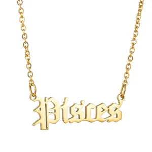 Pisces zodiac necklace in 18K gold-plated stainless steel with Old English lettering