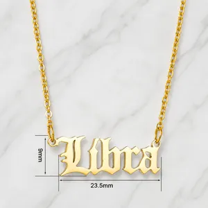 Detailed view of gold Libra zodiac pendant in Gothic font with 23.5mm size specs