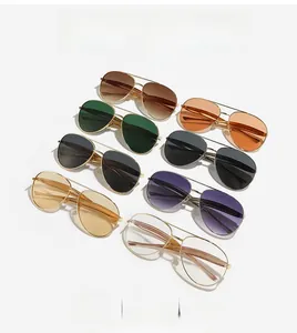 Detail view of aviator sunglasses set with 8 assorted color lenses and gold metal frames