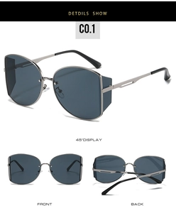 Detailed views of silver round frame sunglasses with dark grey lenses and UV protection