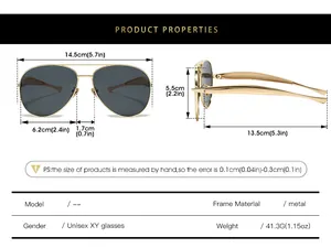 Detailed size chart for vintage pilot sunglasses with metal frame and grey lenses