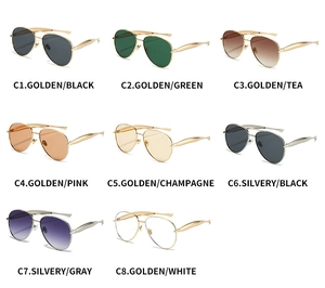 Collection of aviator sunglasses with gold and silver metal frames in various lens colors