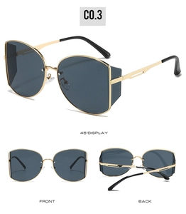 Retro small round gold metal sunglasses with side shields showing front and back views