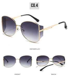 Three-view display of small round vintage metal sunglasses with gradient purple lenses