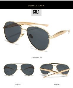 Detailed views of gold pilot sunglasses with dark lenses and wide metal temples