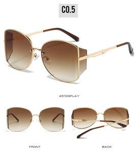 Three-view display of butterfly metal sunglasses with brown gradient lenses and gold frame
