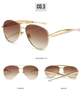 Three views of aviator sunglasses showing gold metal frame and brown gradient lenses