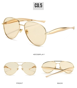 Detailed views of gold pilot sunglasses with yellow tinted lenses from multiple angles