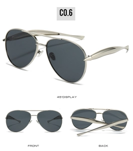 Multiple views of silver aviator metal frame sunglasses with dark polarized lenses