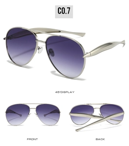 Silver metal aviator sunglasses with purple gradient lenses shown in multi-angle views