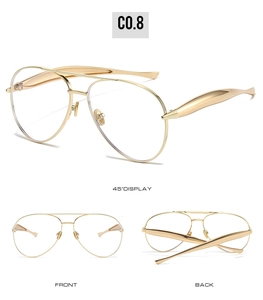 Three-view display of aviator glasses with thin gold metal frame and clear lenses