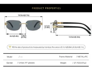 Detailed size chart for rimless square sunglasses featuring lens and frame measurements