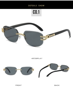 Detail view of rimless square sunglasses with gold diamond-encrusted hinges and grey lenses