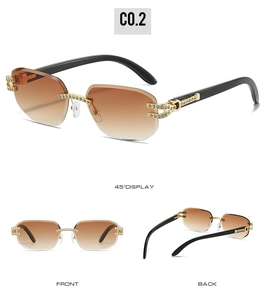 Detail view of rimless square sunglasses with brown gradient lenses and rhinestone accents