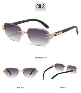 Detail of rimless square sunglasses with purple gradient lenses and rhinestone accents