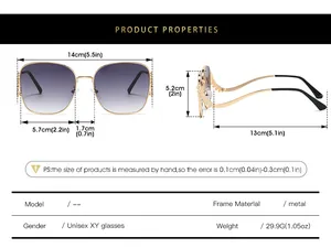 Detailed size chart for metal rhinestone sunglasses showing frame dimensions and unisex weight