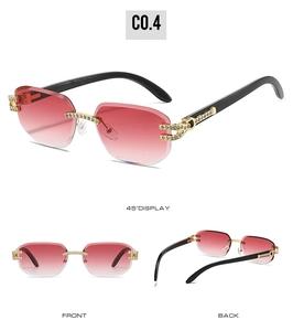 Detail view of rimless square sunglasses with pink gradient lenses and diamond accents