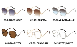 Detailed grid view showing six color variations of square metal frame sunglasses