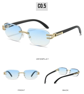 Frameless square sunglasses with blue gradient lenses and rhinestone-encrusted gold hinges