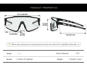 Detailed technical drawing showing dimensions and size specifications of sports eyewear