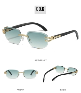 Detail views of rimless sunglasses with gradient blue lenses and diamond-encrusted hinges