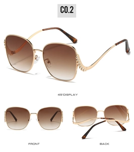 Three views of gold metal sunglasses with crystal-studded legs and gradient brown lenses