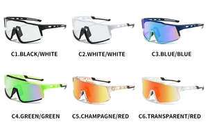 Macro view of six color variants of oversized cycling sports goggles with airflow slots