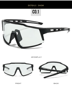 Detailed views of black full-frame sports goggles with clear lenses and anti-slip temples