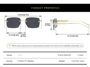 Size chart showing dimensions of rimless rectangle sunglasses with metal temples