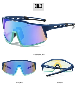 Multiple views of blue sports cycling goggles with mirrored lenses and mint green nose pads