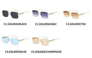 Detail of five stylish rimless square sunglasses with textured gold metal temples