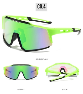 Detail view of fluorescent green sports cycling glasses with mirrored green shield lenses