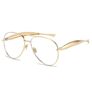 Classic aviator glasses with gold metal frame and clear lenses shown from a 45-degree angle
