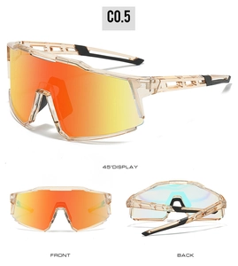 Three-view layout of sport sunglasses with orange gradient lenses and champagne frames