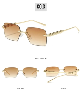 Detailed views of rimless square sunglasses with gold textured temples and brown lenses