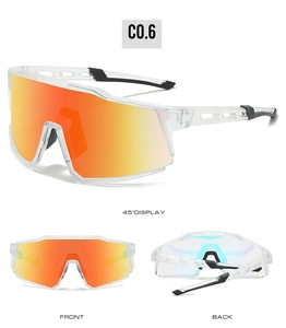 Three-angle view of sport cycling sunglasses with orange mirrored lenses and transparent frames