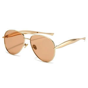 Classic aviator sunglasses with gold metal frame and amber lenses on a white background