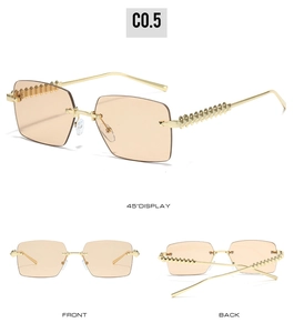 Detailed views of rimless sunglasses with gold temples and pyramid stud accents
