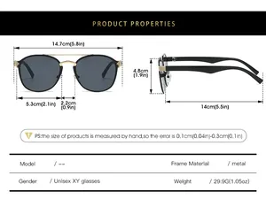 Size chart for double-bridge metal sunglasses with detailed frame and lens dimensions