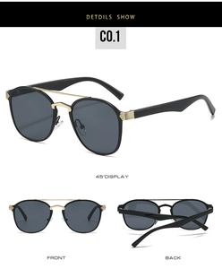 Black round double-bridge sunglasses with gold metal hinges shown in three views